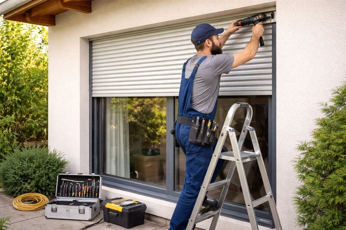 Instalador montando persiana enrollable nueva en fachada exterior