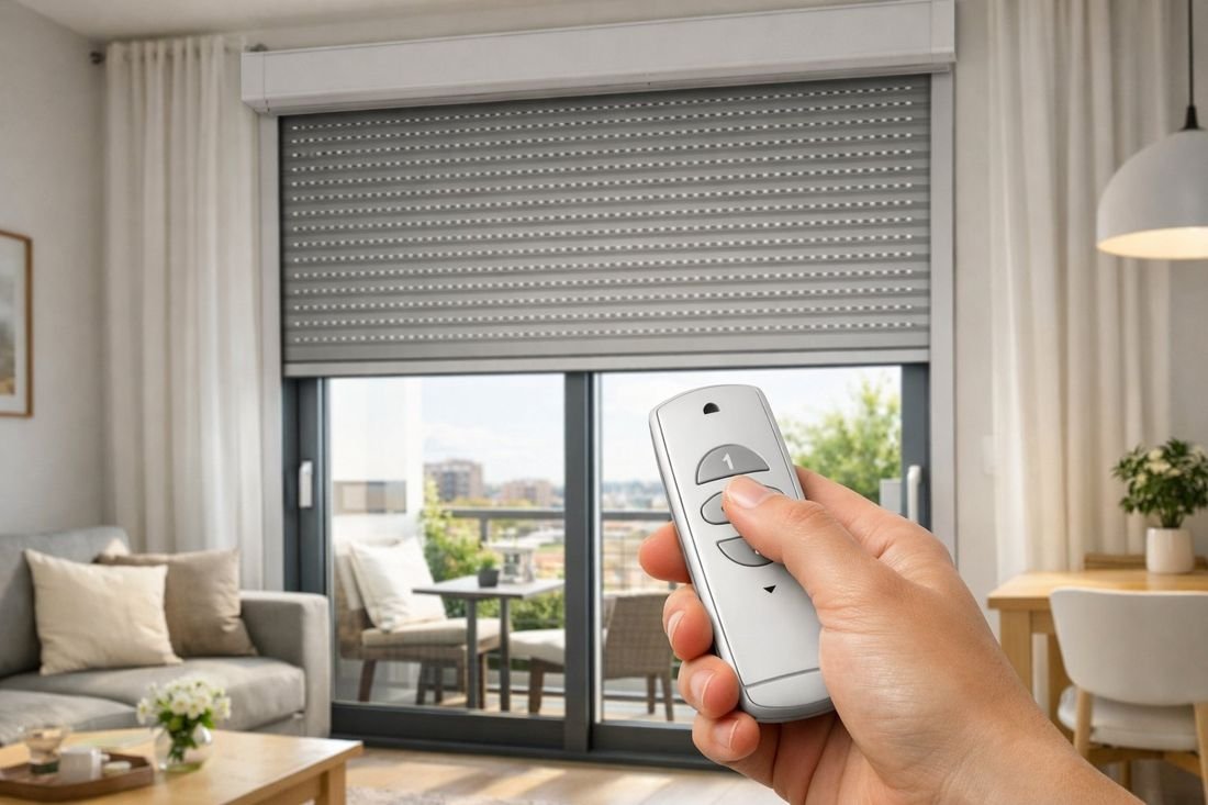 Mano accionando mando a distancia de persiana motorizada en salón