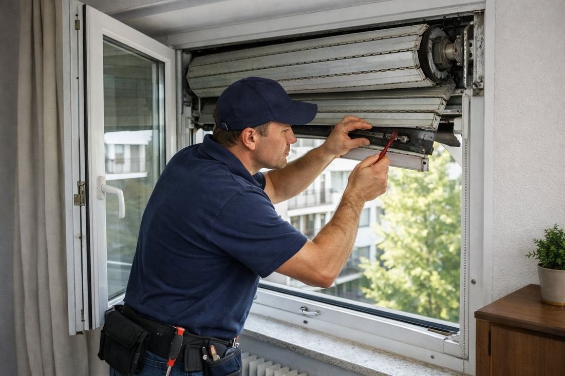 Técnico reparando el mecanismo interior de una persiana enrollable