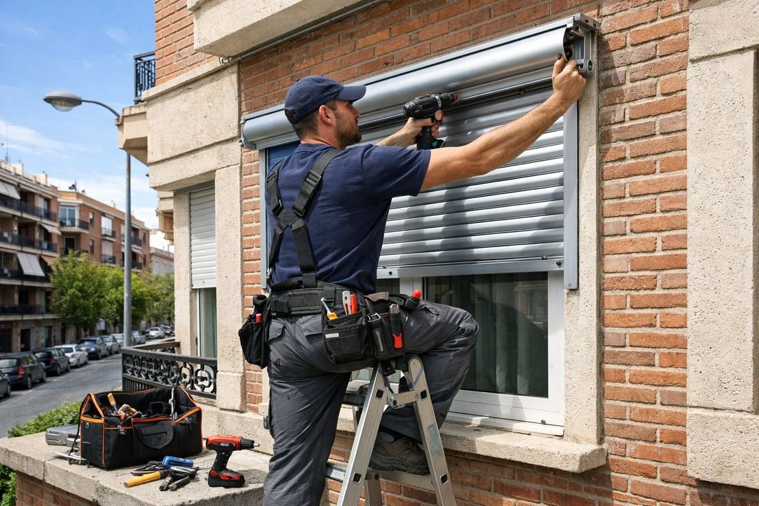 Técnico colocando persiana enrollable de seguridad en fachada de ladrillo