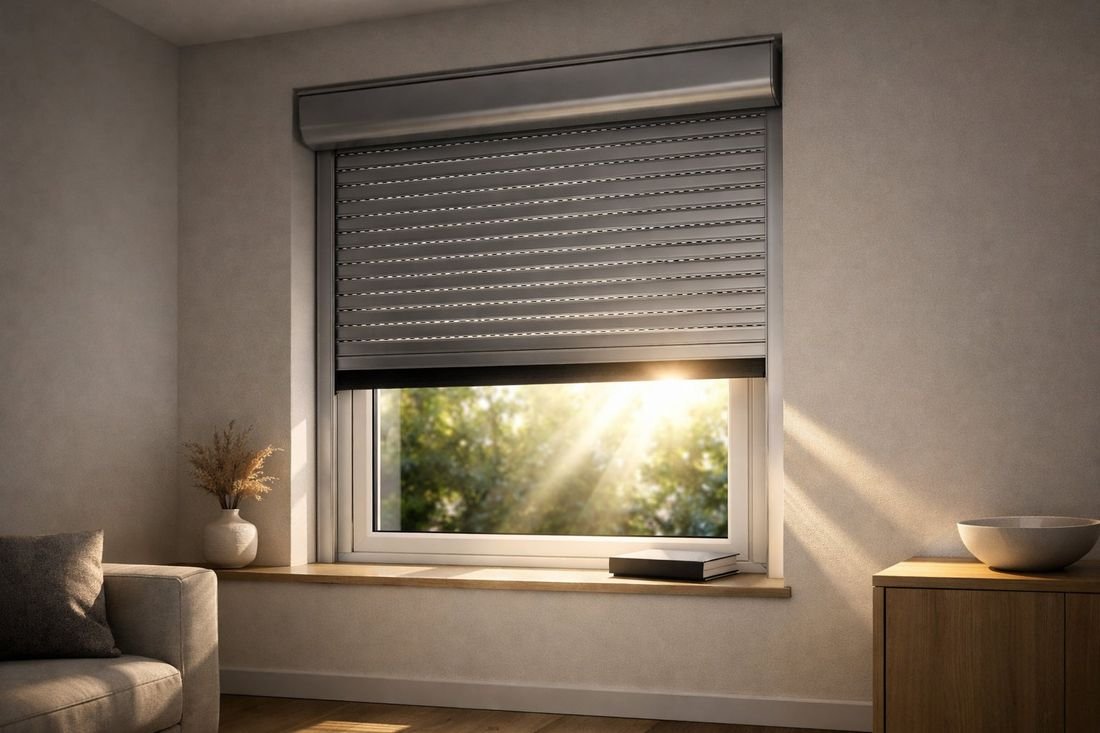 Persiana enrollable de aluminio vista desde el interior de una habitación