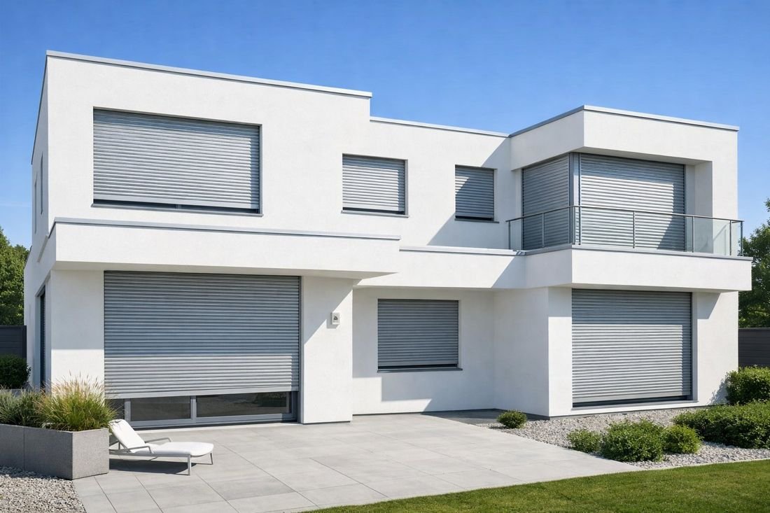 Vivienda moderna con persianas enrollables de aluminio en todas las ventanas