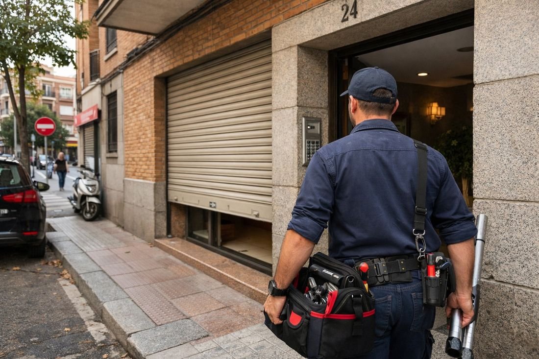Persianista con herramientas llegando a un local comercial para servicio de persianas