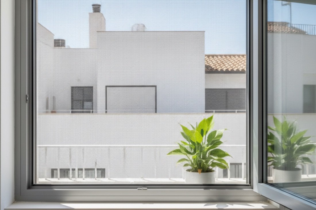 Mosquitera de malla fina instalada en una ventana de una vivienda de Sabadell