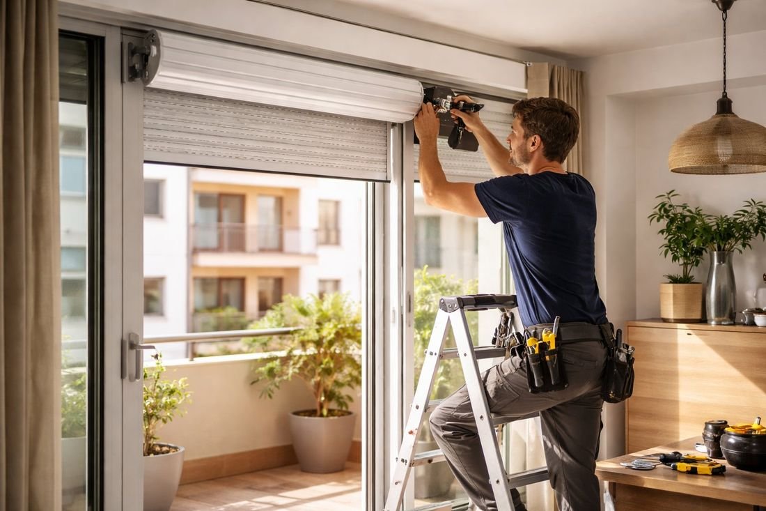 Técnico en escalera ajustando motor de persiana junto a ventana de balcón