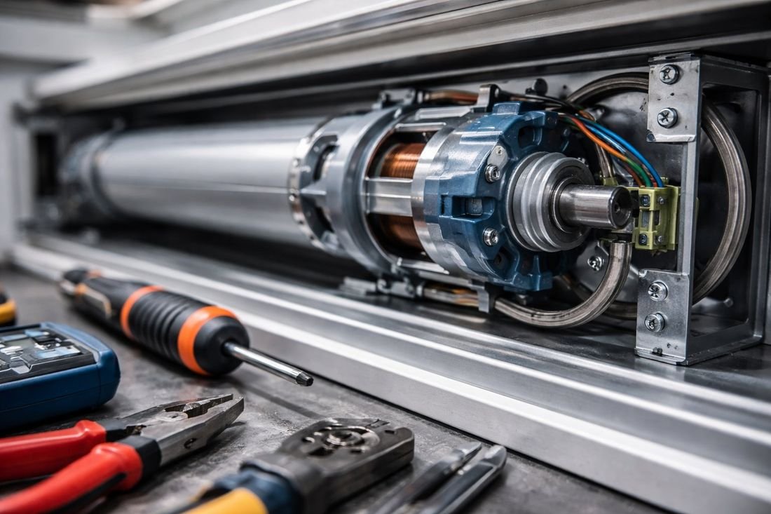 Motor tubular de persiana enrollable con detalle de bobinas y conexiones