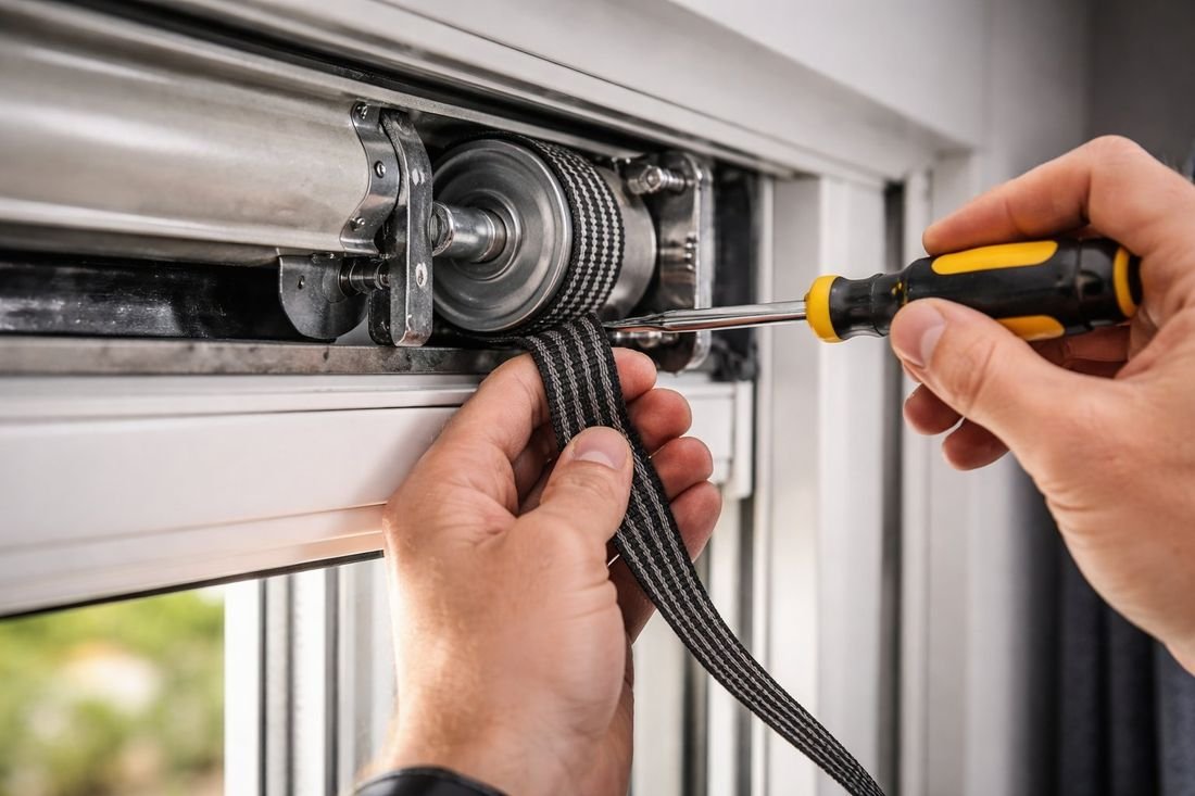 Manos de técnico sustituyendo la cinta de una persiana enrollable