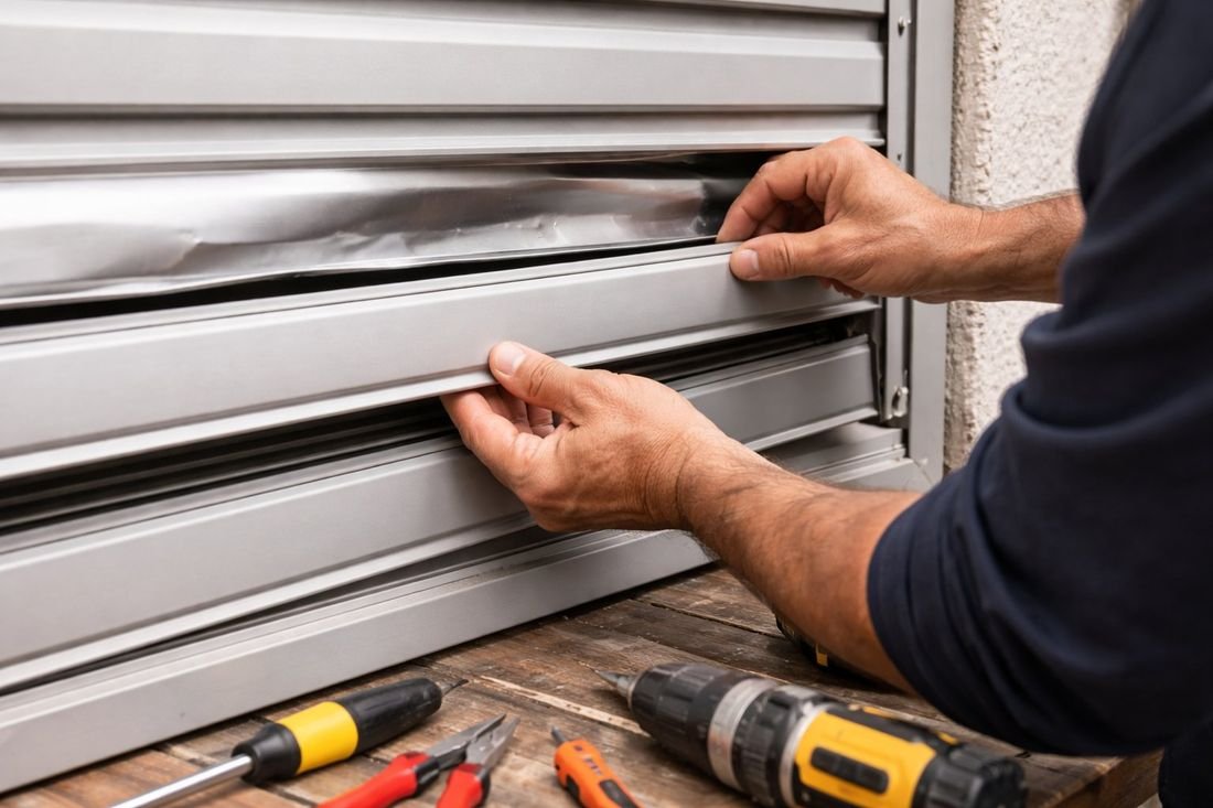 Detalle de reparación de lamas de aluminio en persiana enrollable